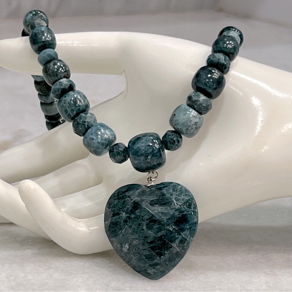Teal Apatite Beaded Heart Pendant Sterling Silver Necklace